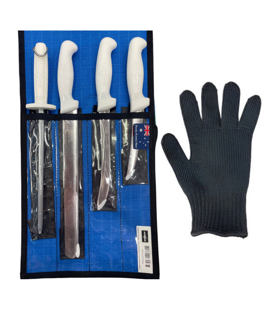 Tackle World SICUT Fisherman Knife Roll Set + Maritec Stainless Steel Filleting Glove