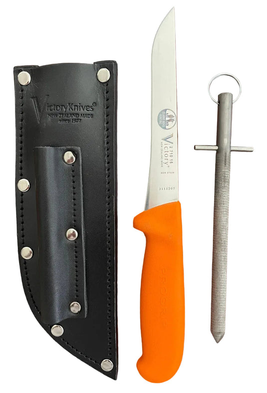 Victory Clarke Boys Hunting Knife Set wth Pro Grip Orange Handle & Leather Sheath