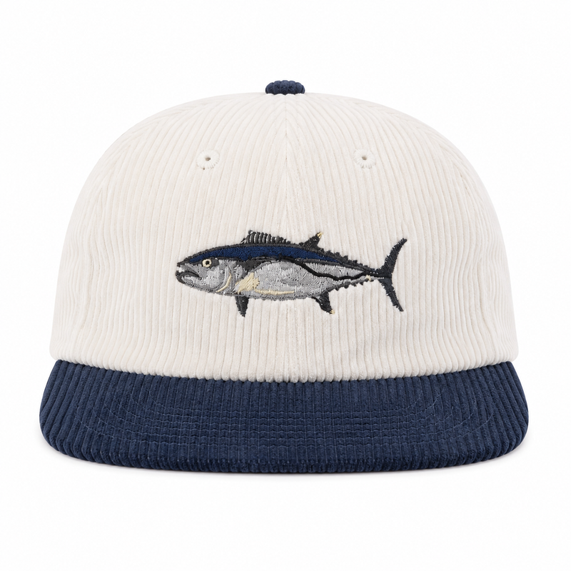 Load image into Gallery viewer, Reef Lagoon Corduroy Flat Brim Cap [COL:White/Navy STY:Dogtooth Tuna]
