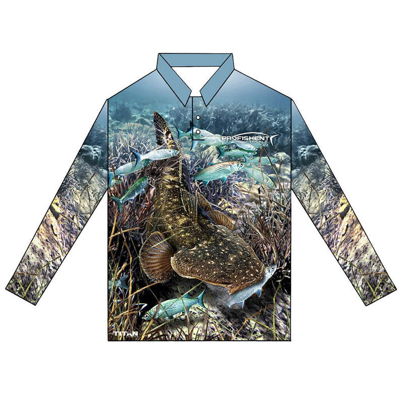 Load image into Gallery viewer, Profishent Sublimated Fishing Shirt Long Sleeve - Kids [SIZ:4 DES:Dusky Flathead]
