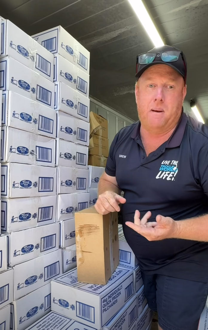 Drew unloading big delivery of 4kg cartons of frozen PIllies from Iluka - Tweed Bait